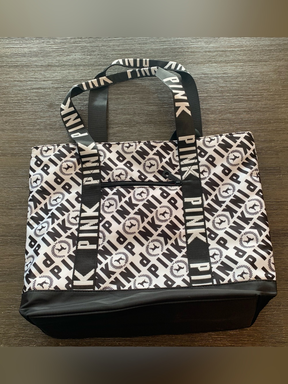 PINK Victoria's Secret Black & White Allover Logo Tote with Branded Straps